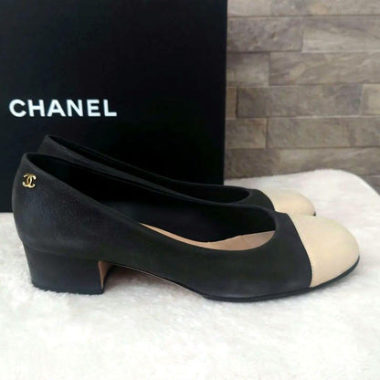 CHANEL Shoes Pumps Heel Cocomark EU 37 US 7 Leather Black Champagne Gold Auth