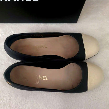 CHANEL Shoes Pumps Heel Cocomark EU 37 US 7 Leather Black Champagne Gold Auth