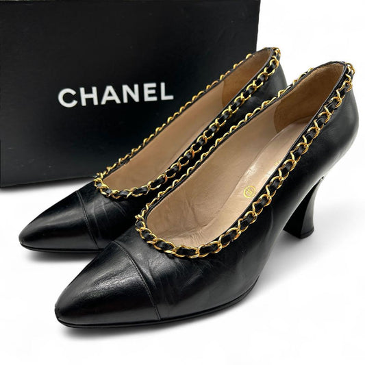 CHANEL Shoes Pumps Heel Chain EU 36.0 US 6.0 Leather Black Authentic