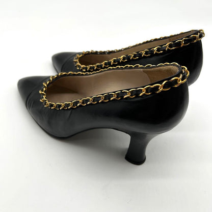 CHANEL Shoes Pumps Heel Chain EU 36.0 US 6.0 Leather Black Authentic