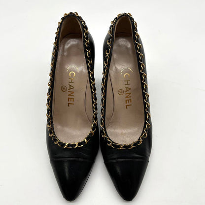 CHANEL Shoes Pumps Heel Chain EU 36.0 US 6.0 Leather Black Authentic