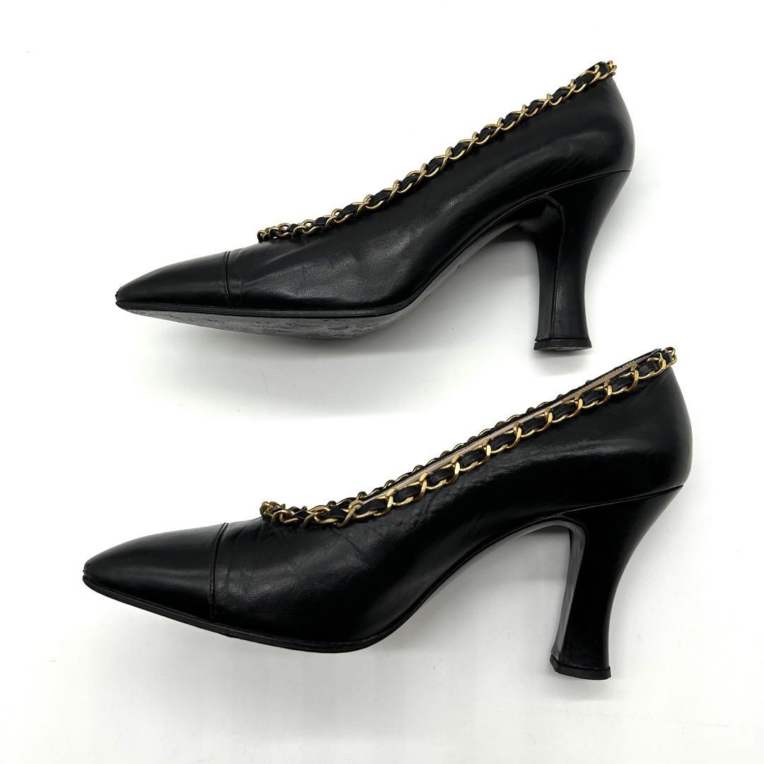 CHANEL Shoes Pumps Heel Chain EU 36.0 US 6.0 Leather Black Authentic