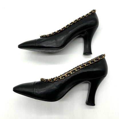 CHANEL Shoes Pumps Heel Chain EU 36.0 US 6.0 Leather Black Authentic