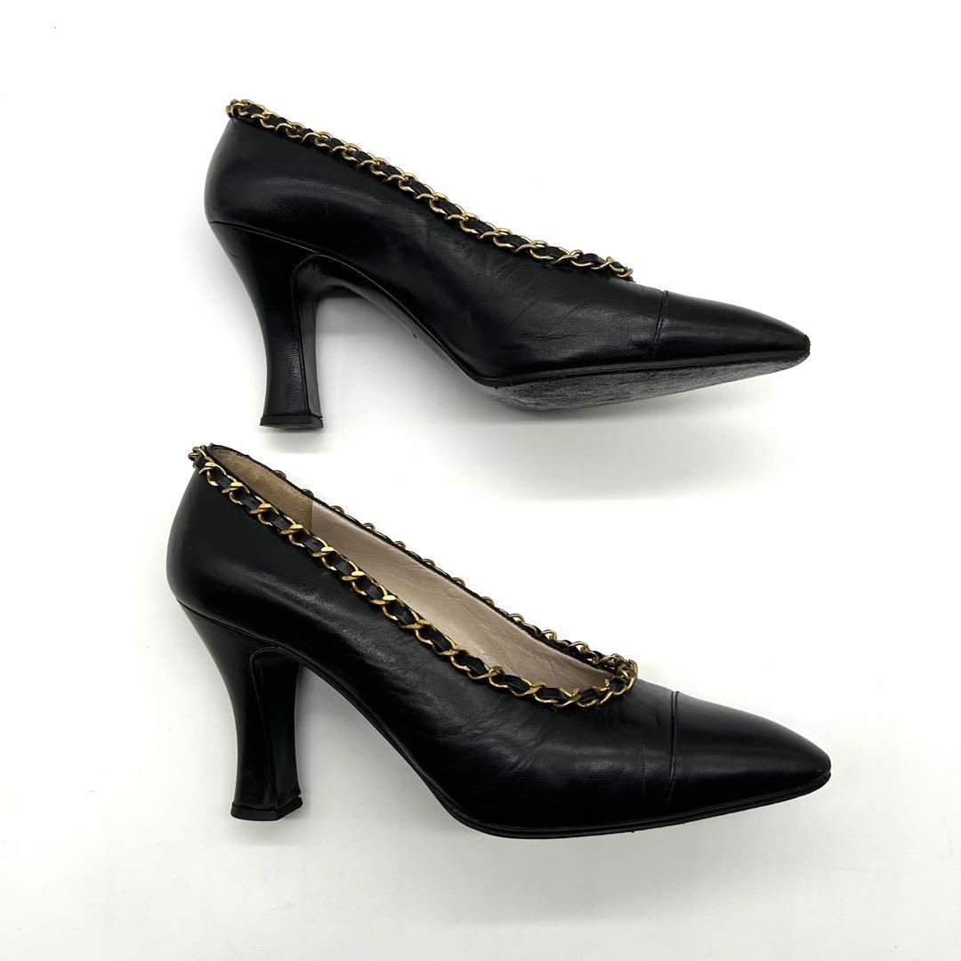 CHANEL Shoes Pumps Heel Chain EU 36.0 US 6.0 Leather Black Authentic