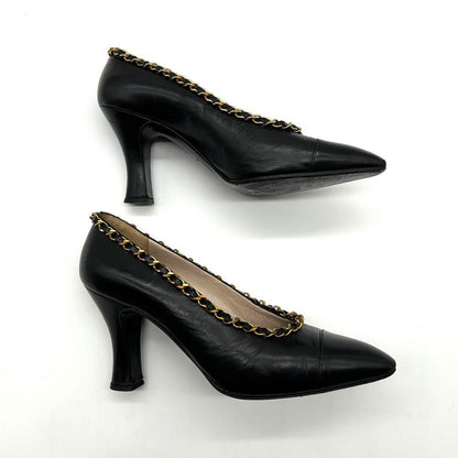 CHANEL Shoes Pumps Heel Chain EU 36.0 US 6.0 Leather Black Authentic