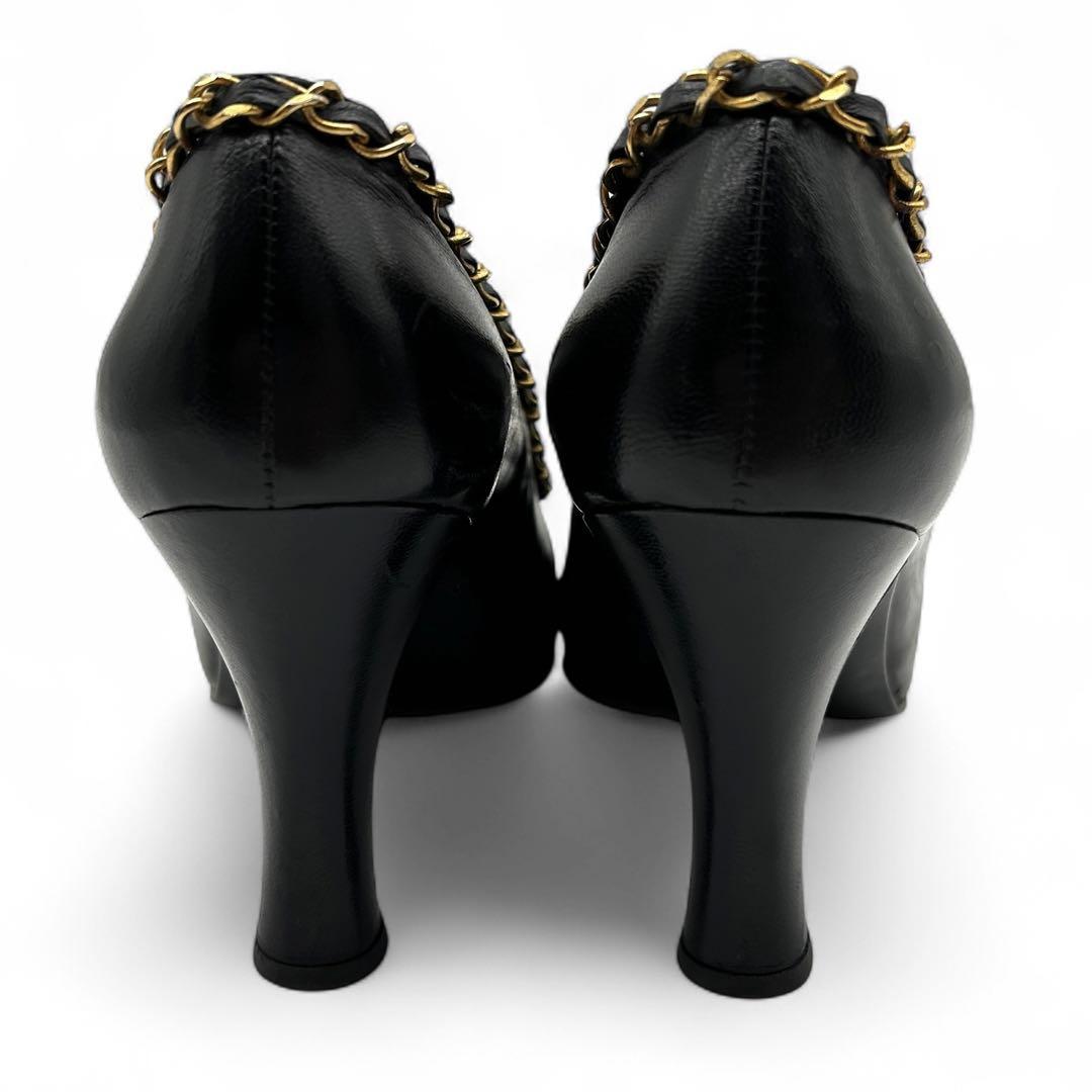 CHANEL Shoes Pumps Heel Chain EU 36.0 US 6.0 Leather Black Authentic