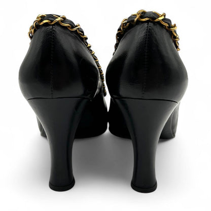 CHANEL Shoes Pumps Heel Chain EU 36.0 US 6.0 Leather Black Authentic