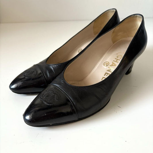 CHANEL Shoes Pumps Heel Cocomark EU 36.5 US 6.5 Leather Black Authentic