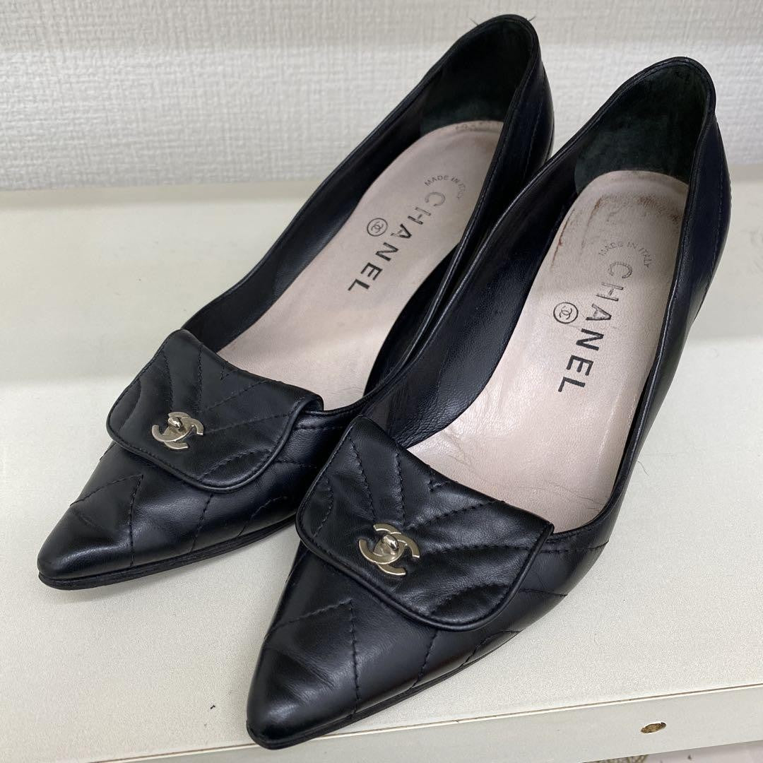 CHANEL Shoes Pumps Heel Cocomark EU 36.0 US 6.0 Black Authentic