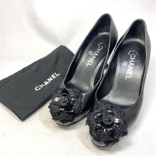 CHANEL Shoes Pumps Heel EU 36.0 US 6.0 Leather Black Authentic