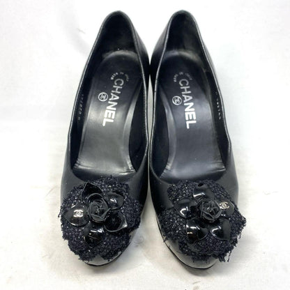 CHANEL Shoes Pumps Heel EU 36.0 US 6.0 Leather Black Authentic