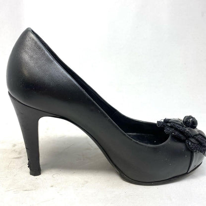 CHANEL Shoes Pumps Heel EU 36.0 US 6.0 Leather Black Authentic