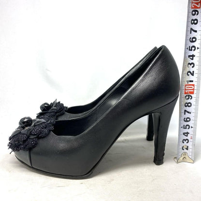 CHANEL Shoes Pumps Heel EU 36.0 US 6.0 Leather Black Authentic
