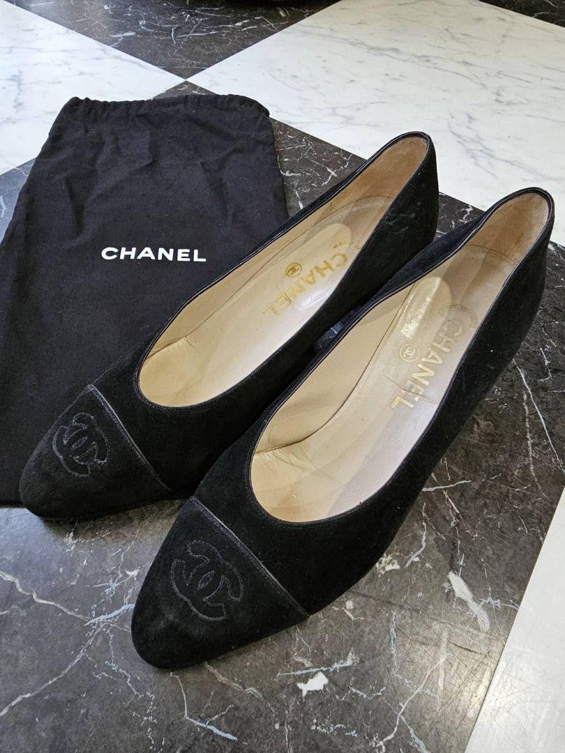 CHANEL Shoes Pumps Heel Cocomark EU 38.5 US 8.5 Suede Black Authentic