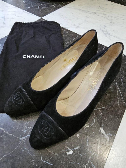 CHANEL Shoes Pumps Heel Cocomark EU 38.5 US 8.5 Suede Black Authentic