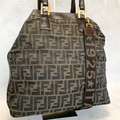 FENDI Zucca Handbag FF Shoulder Tote Purse Canvas Brown Gold Used Auth Unisex