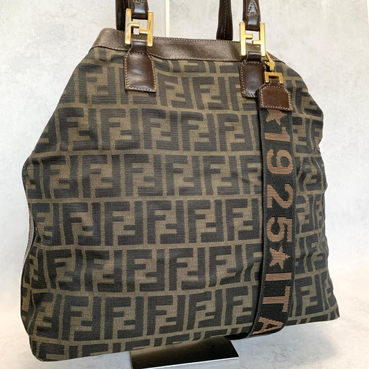 FENDI Zucca Handbag FF Shoulder Tote Purse Canvas Brown Gold Used Auth Unisex