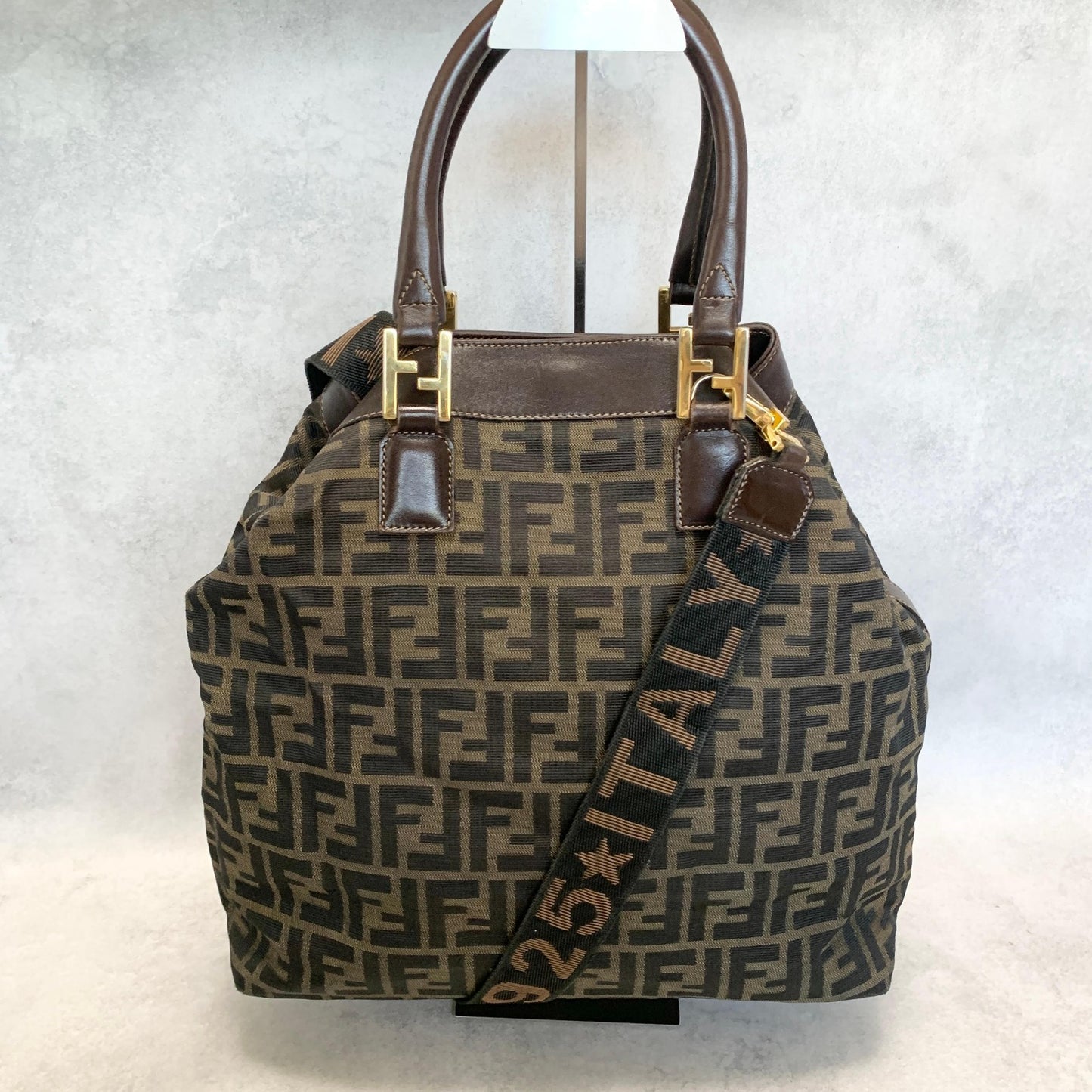 FENDI Zucca Handbag FF Shoulder Tote Purse Canvas Brown Gold Used Auth Unisex