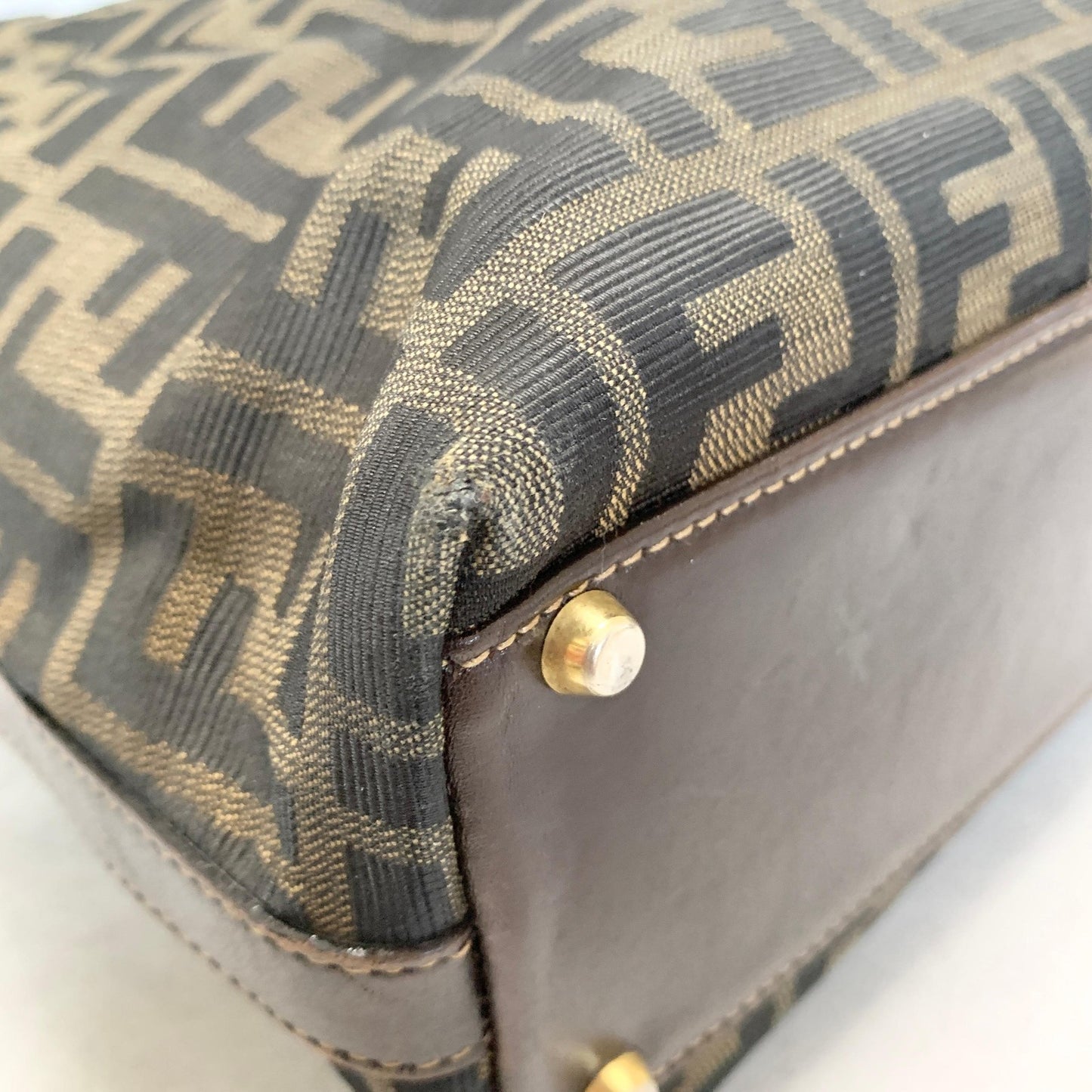 FENDI Zucca Handbag FF Shoulder Tote Purse Canvas Brown Gold Used Auth Unisex