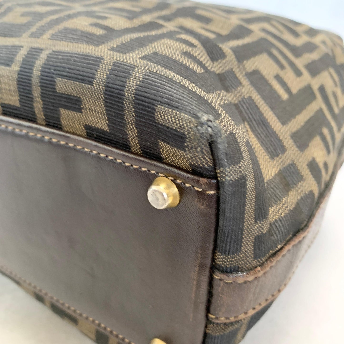 FENDI Zucca Handbag FF Shoulder Tote Purse Canvas Brown Gold Used Auth Unisex