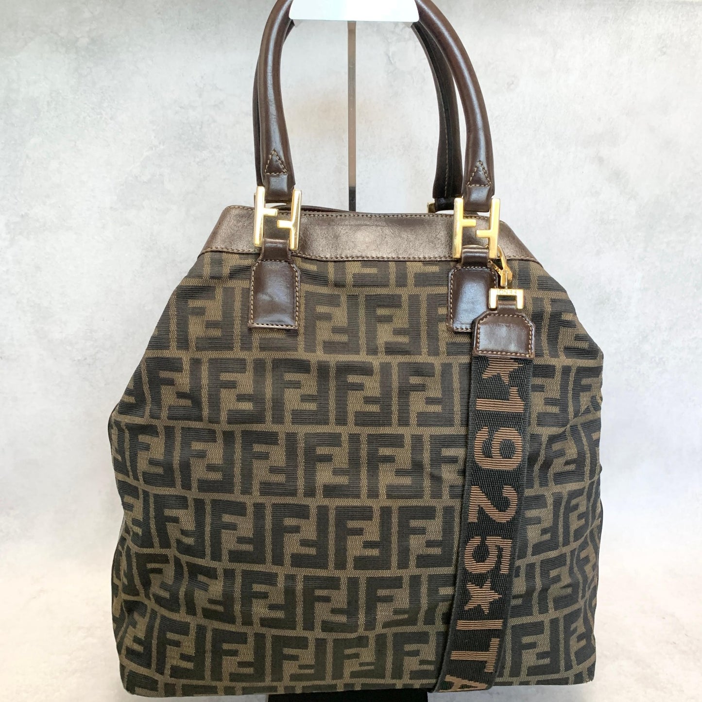 FENDI Zucca Handbag FF Shoulder Tote Purse Canvas Brown Gold Used Auth Unisex