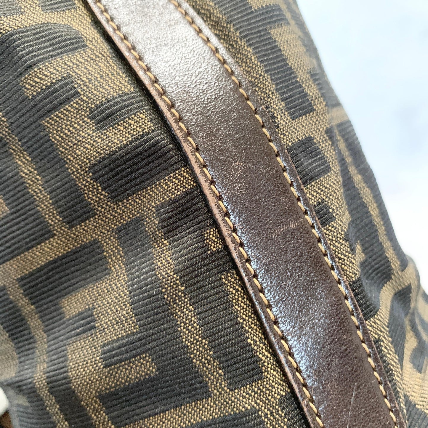 FENDI Zucca Handbag FF Shoulder Tote Purse Canvas Brown Gold Used Auth Unisex