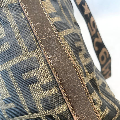 FENDI Zucca Handbag FF Shoulder Tote Purse Canvas Brown Gold Used Auth Unisex