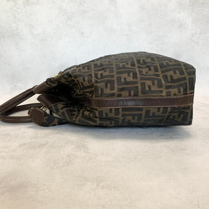 FENDI Zucca Handbag FF Shoulder Tote Purse Canvas Brown Gold Used Auth Unisex