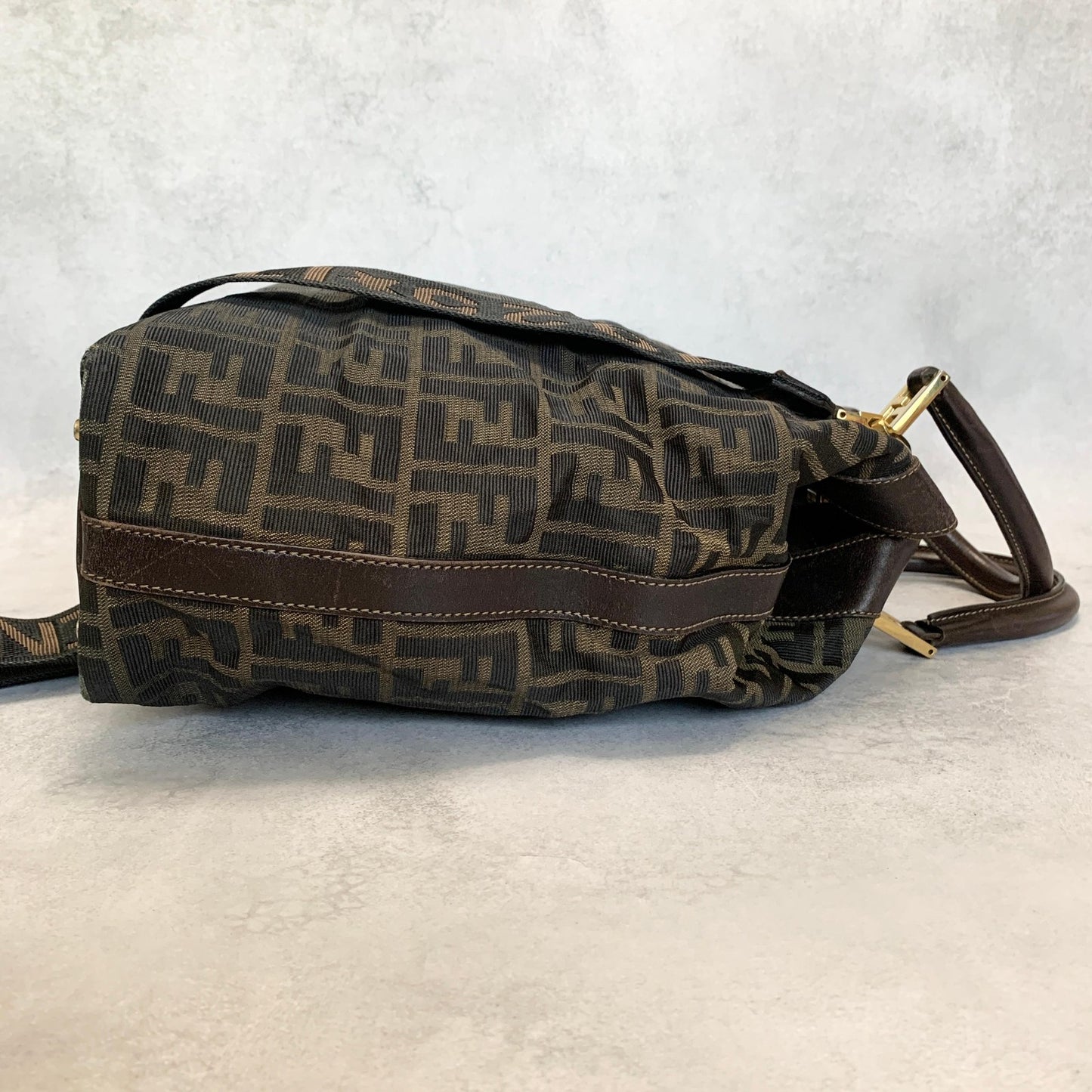 FENDI Zucca Handbag FF Shoulder Tote Purse Canvas Brown Gold Used Auth Unisex