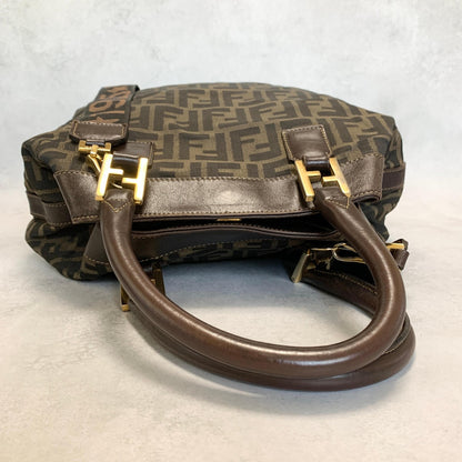 FENDI Zucca Handbag FF Shoulder Tote Purse Canvas Brown Gold Used Auth Unisex