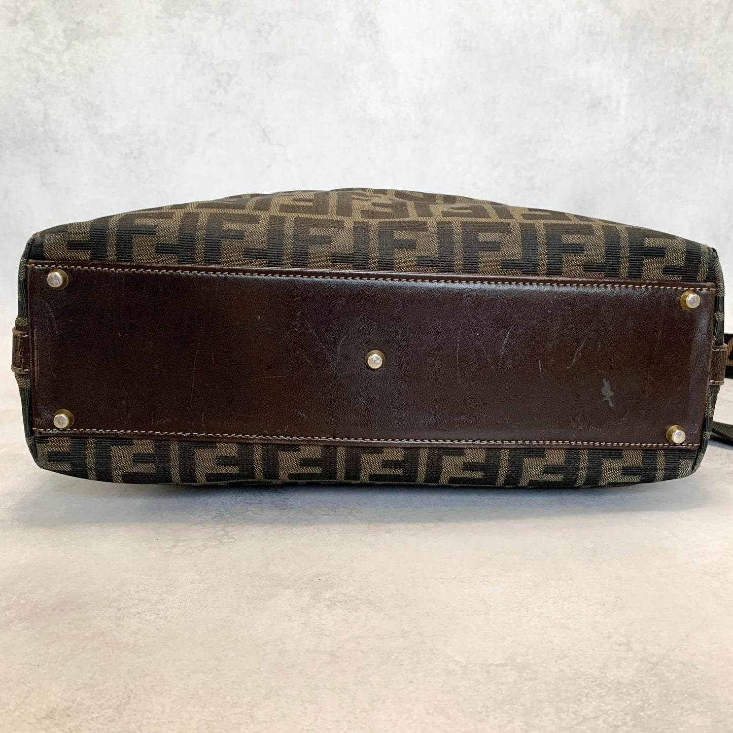 FENDI Zucca Handbag FF Shoulder Tote Purse Canvas Brown Gold Used Auth Unisex
