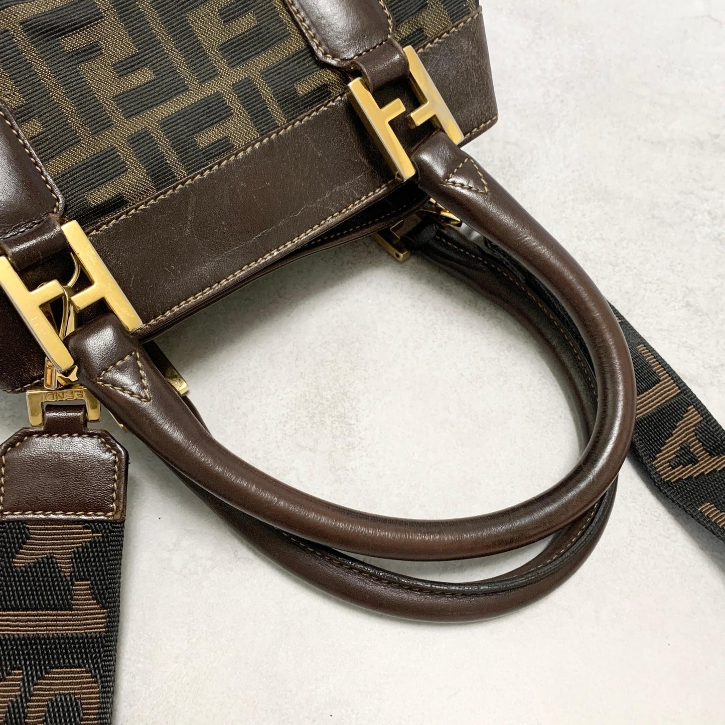 FENDI Zucca Handbag FF Shoulder Tote Purse Canvas Brown Gold Used Auth Unisex