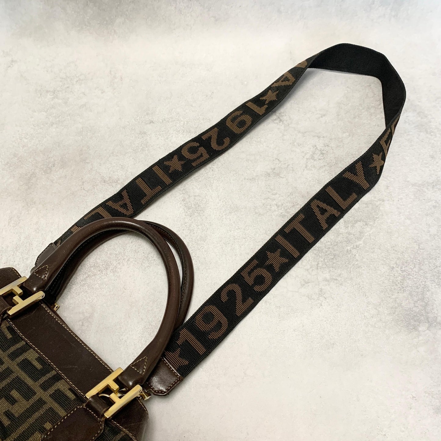 FENDI Zucca Handbag FF Shoulder Tote Purse Canvas Brown Gold Used Auth Unisex