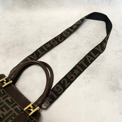 FENDI Zucca Handbag FF Shoulder Tote Purse Canvas Brown Gold Used Auth Unisex