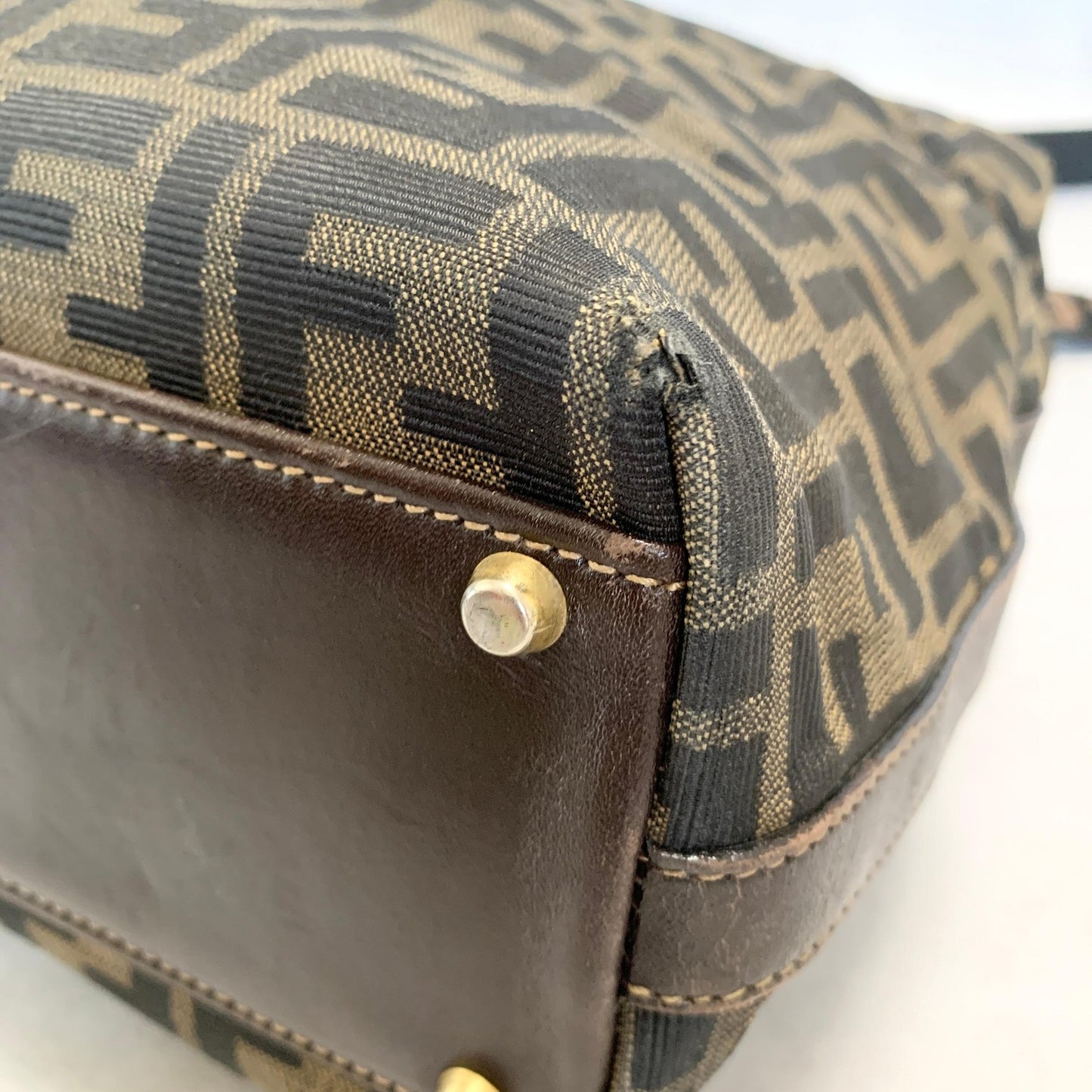 FENDI Zucca Handbag FF Shoulder Tote Purse Canvas Brown Gold Used Auth Unisex