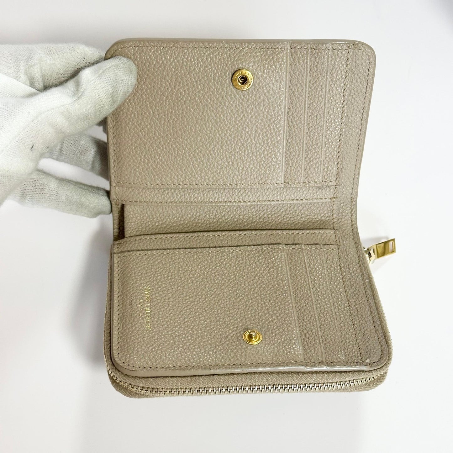 Saint Laurent YSL Wallet Cassandra Bi-fold Compact Leather Beige Gold Authentic
