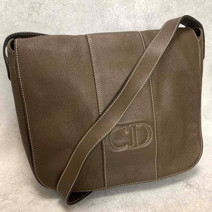 Christian Dior Shoulder Bag CD Stitch Brown Gold Leather Authentic