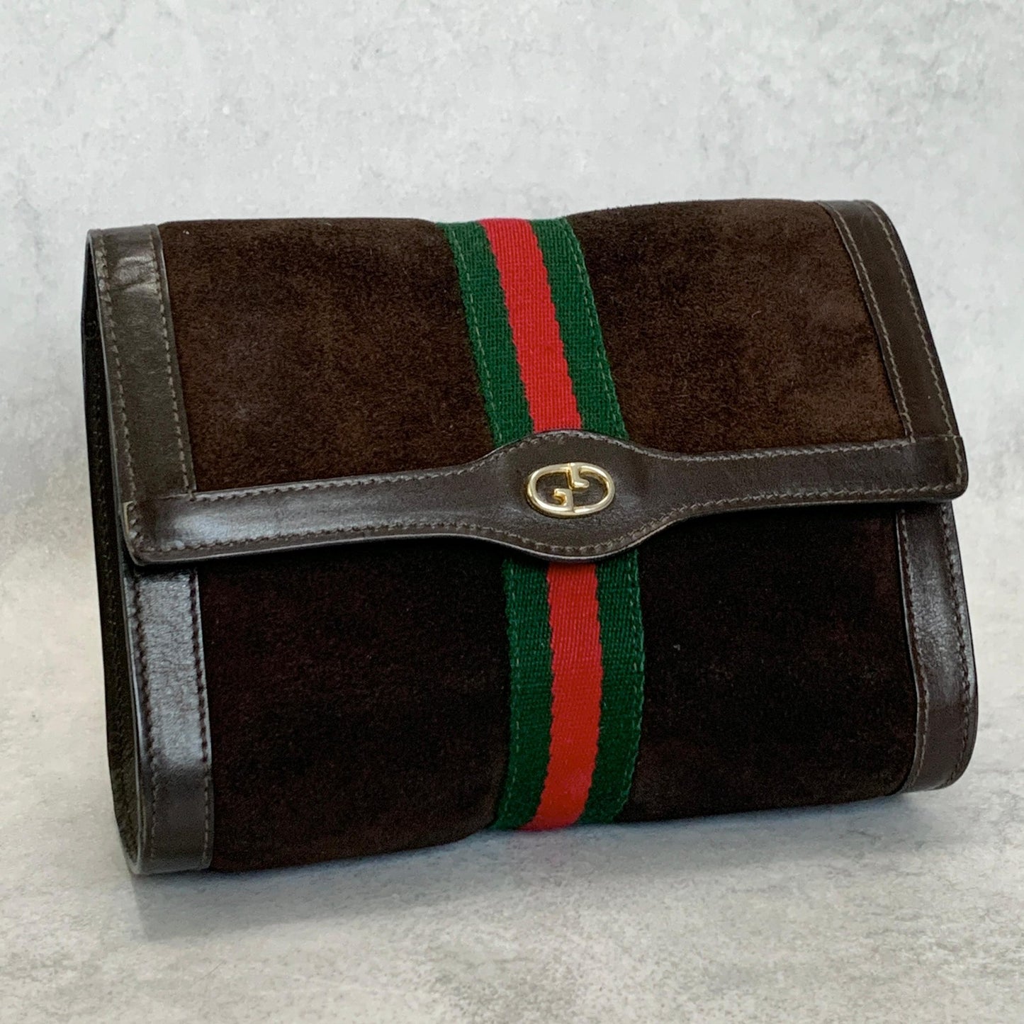 GUCCI Bag Sherry Line GG Clutch Purse Hand Suede Brown Gold Used Authentic