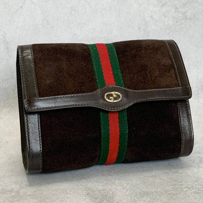 GUCCI Bag Sherry Line GG Clutch Purse Hand Suede Brown Gold Used Authentic