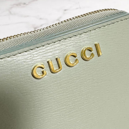 Gucci Bi-fold Wallet Logo Flap Compact Purse Light Green Gold Leather Authentic