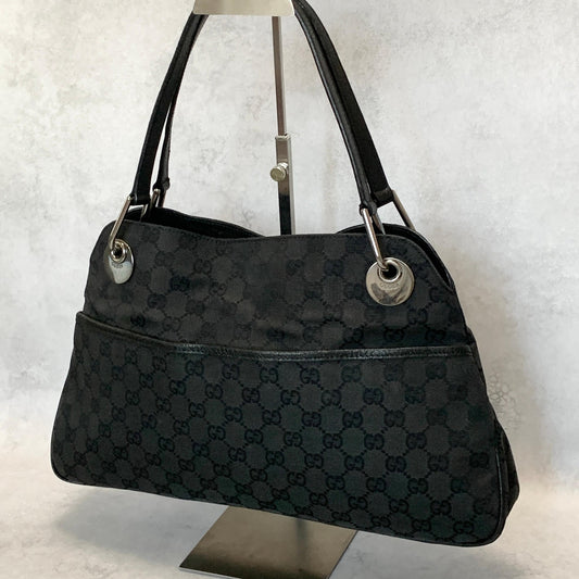 GUCCI Bag GG Canvas Hand Tote Purse Canvas Leather Black Silver Used Authentic