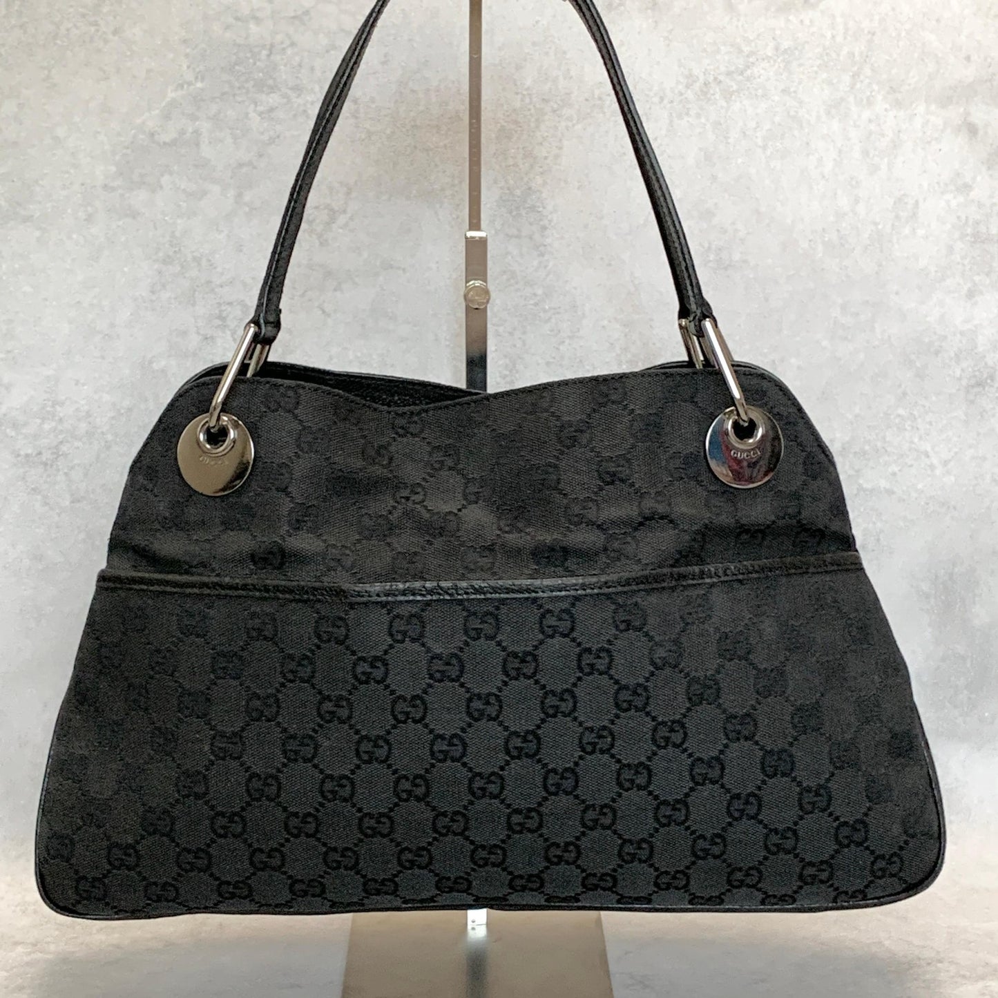 GUCCI Bag GG Canvas Hand Tote Purse Canvas Leather Black Silver Used Authentic
