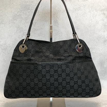 GUCCI Bag GG Canvas Hand Tote Purse Canvas Leather Black Silver Used Authentic
