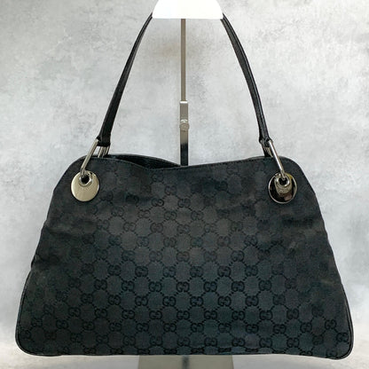 GUCCI Bag GG Canvas Hand Tote Purse Canvas Leather Black Silver Used Authentic