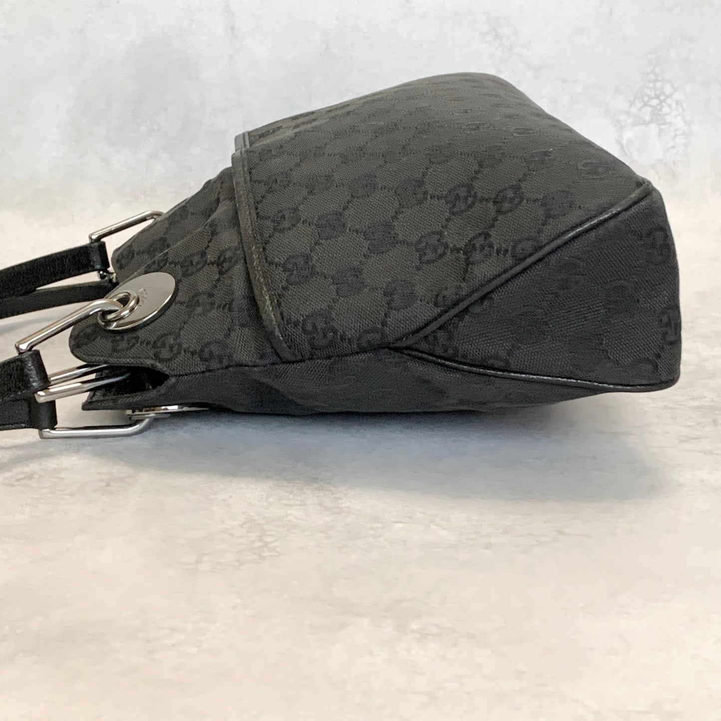 GUCCI Bag GG Canvas Hand Tote Purse Canvas Leather Black Silver Used Authentic