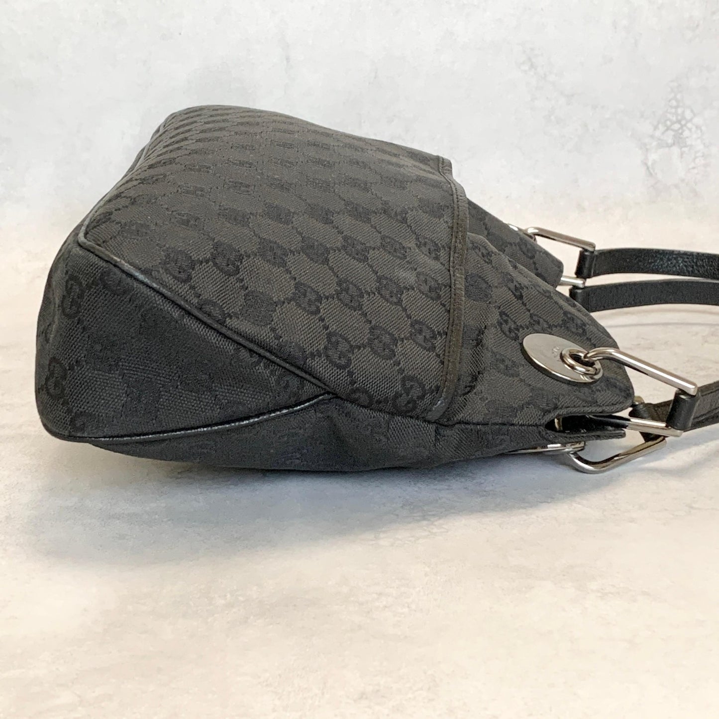 GUCCI Bag GG Canvas Hand Tote Purse Canvas Leather Black Silver Used Authentic
