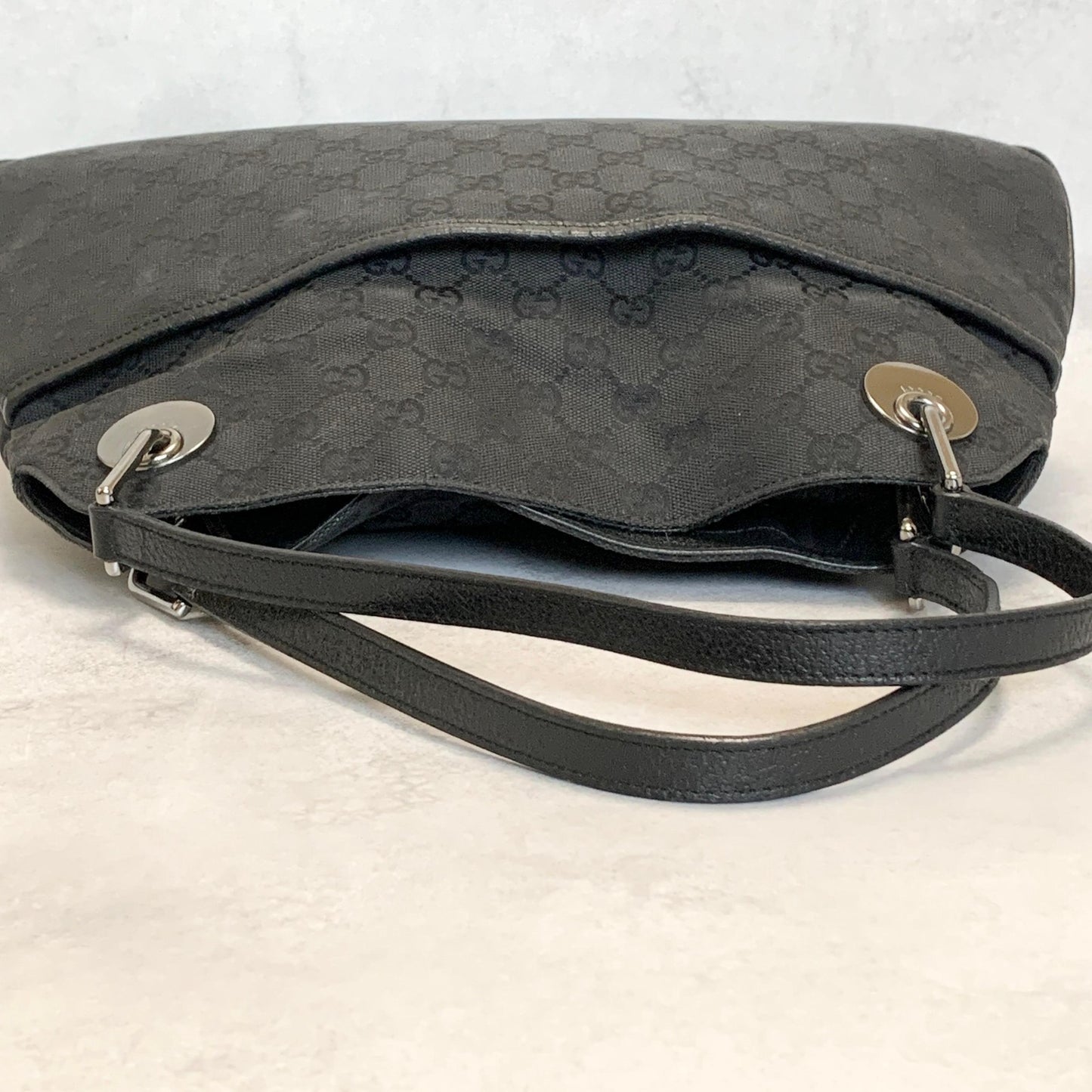GUCCI Bag GG Canvas Hand Tote Purse Canvas Leather Black Silver Used Authentic