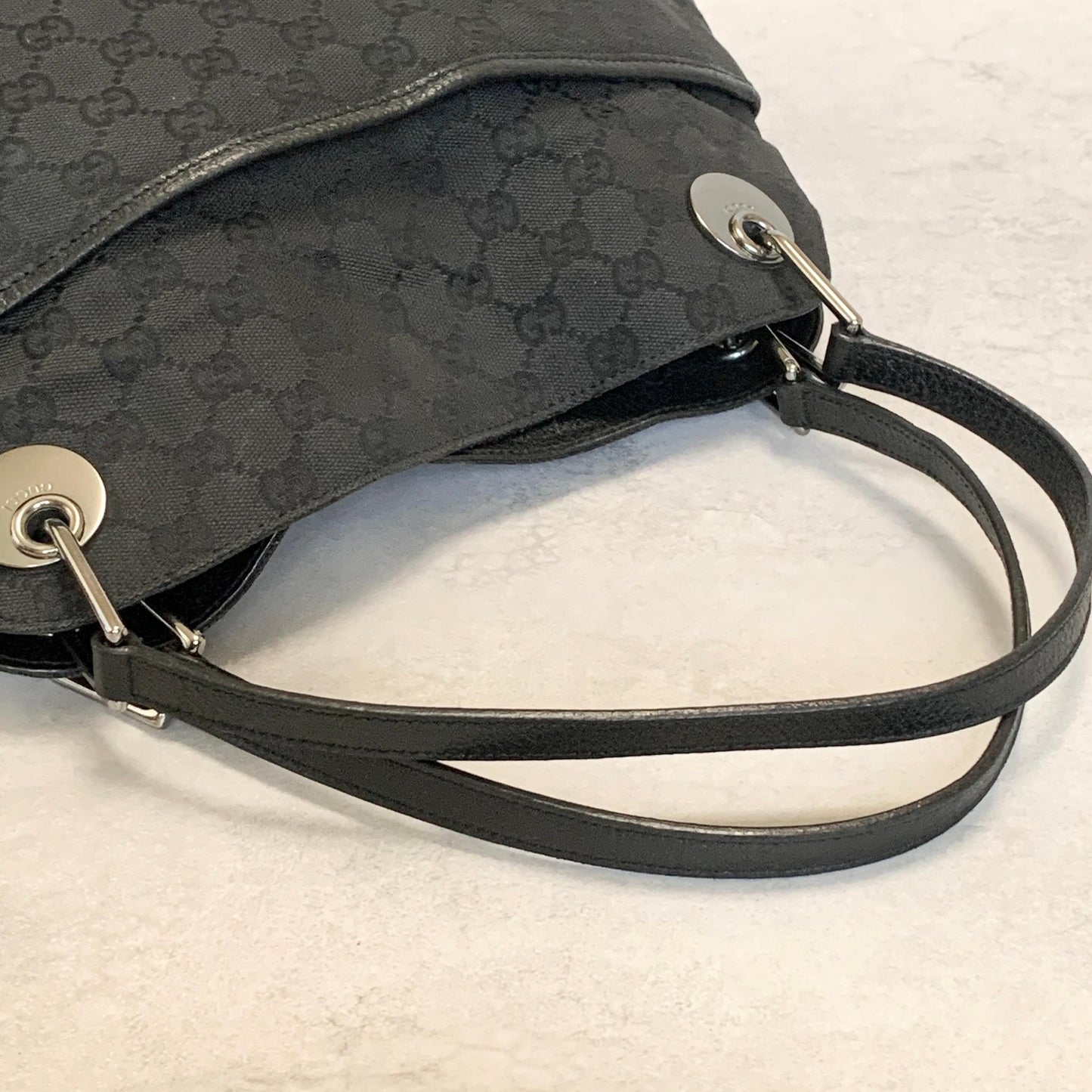 GUCCI Bag GG Canvas Hand Tote Purse Canvas Leather Black Silver Used Authentic