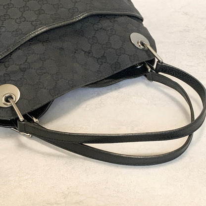 GUCCI Bag GG Canvas Hand Tote Purse Canvas Leather Black Silver Used Authentic
