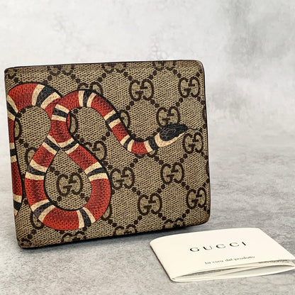 GUCCI Wallet 	Sneke GG Supreme Bi-fold Flap Compact Purse Leather Beige Auth